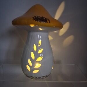 Ceramic Mushroom Night Light Yellow Toadstool Battery Operated Woodland Decor